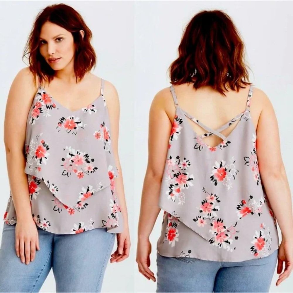 Torrid Grey Floral Chiffon Swing Sleeveless Cami Tank Top Size 12